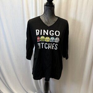 Live and Tell BINGO BITCHES Womens Top Size XL 3/4 Sleeve Black V-Neck Shirt